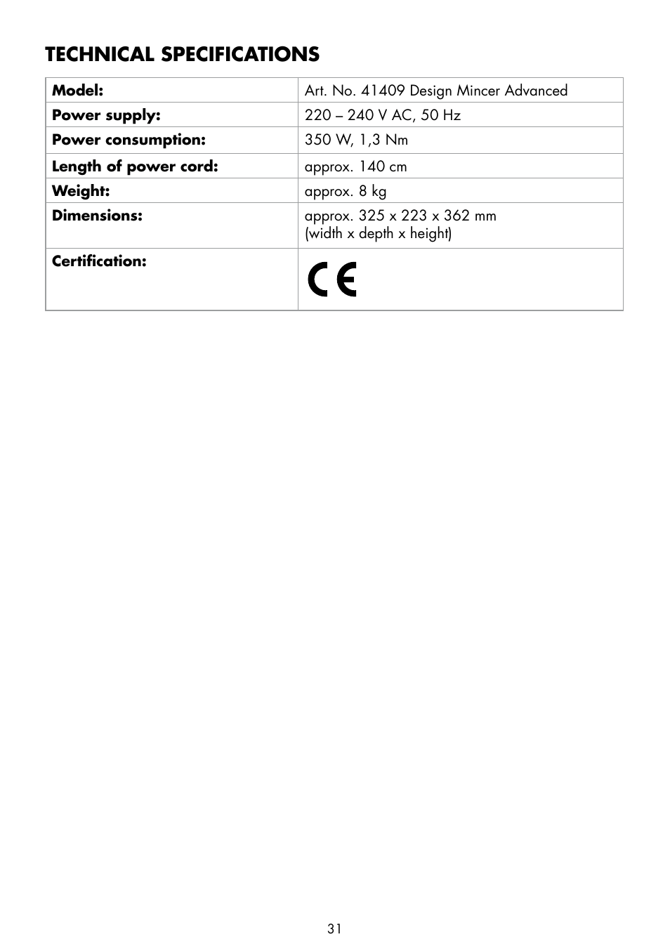 Technical specifications | Gastroback 41409 Design Mincer Advanced (standard size 8) User Manual | Page 15 / 16