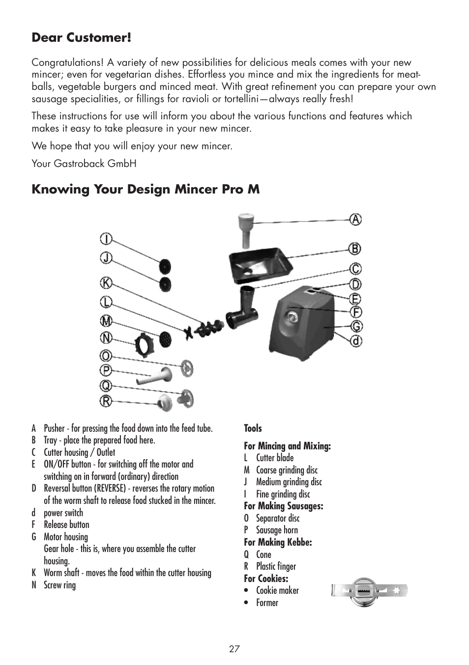 Dear customer, Knowing your design mincer pro m | Gastroback 41408 Design Mincer Pro M User Manual | Page 3 / 23