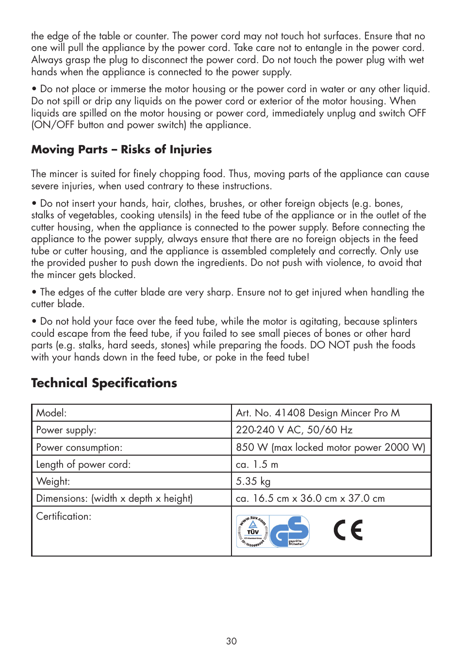 Technical specifications | Gastroback 41408 Design Mincer Pro M User Manual | Page 6 / 23