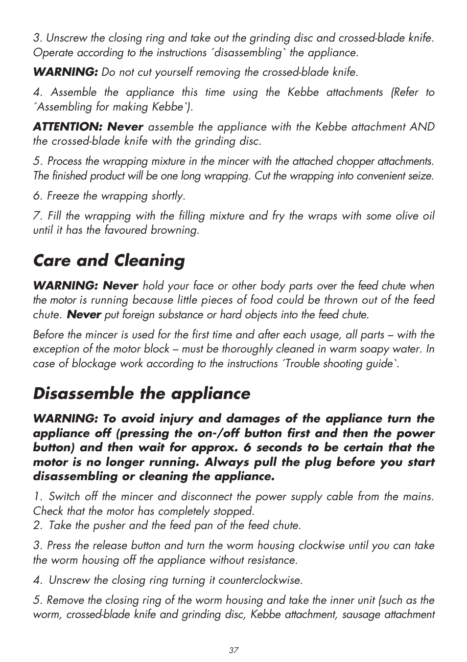 Care and cleaning, Disassemble the appliance | Gastroback 41406 Design Mincer Electronic Pro User Manual | Page 15 / 22