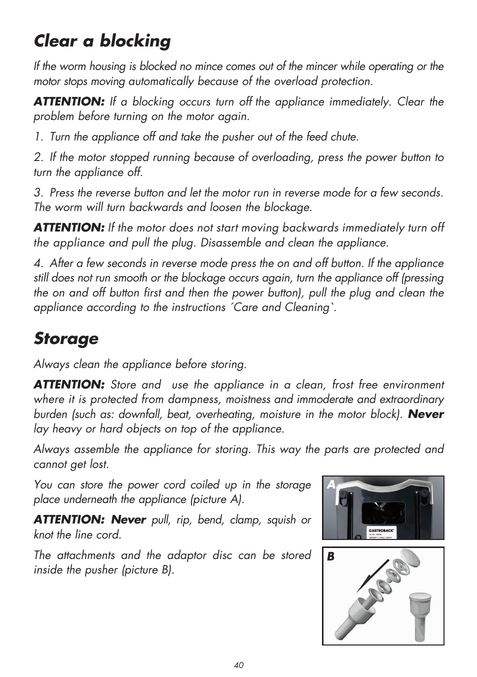 Clear a blocking, Storage | Gastroback 41406 Design Mincer Electronic Pro User Manual | Page 18 / 22