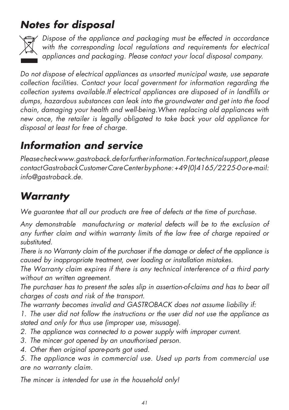 Information and service, Warranty | Gastroback 41406 Design Mincer Electronic Pro User Manual | Page 19 / 22