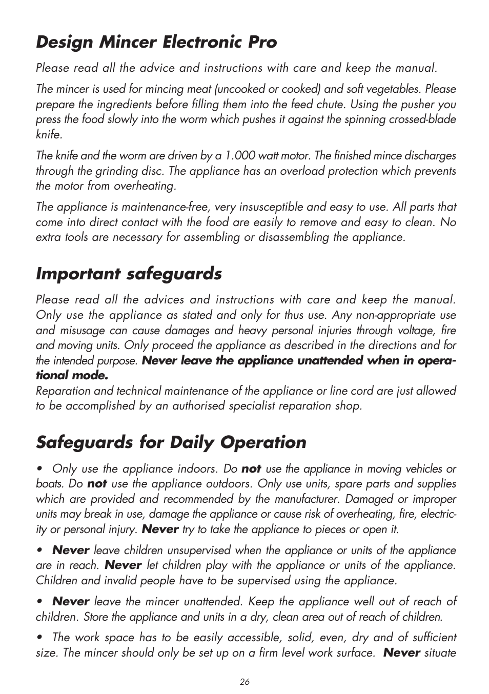 Design mincer electronic pro, Important safeguards, Safeguards for daily operation | Gastroback 41406 Design Mincer Electronic Pro User Manual | Page 4 / 22