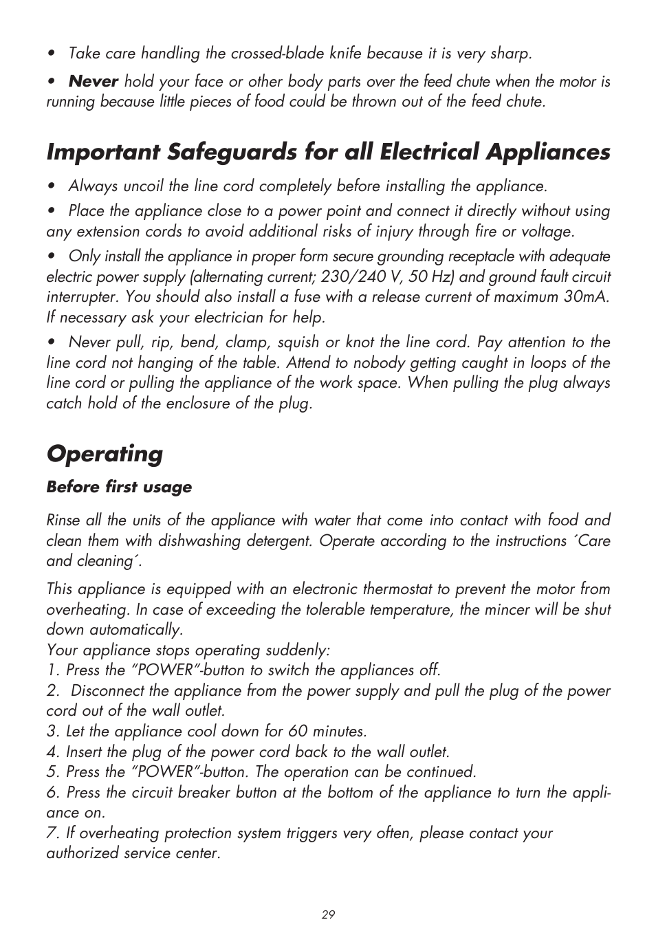 Important safeguards for all electrical appliances, Operating | Gastroback 41406 Design Mincer Electronic Pro User Manual | Page 7 / 22