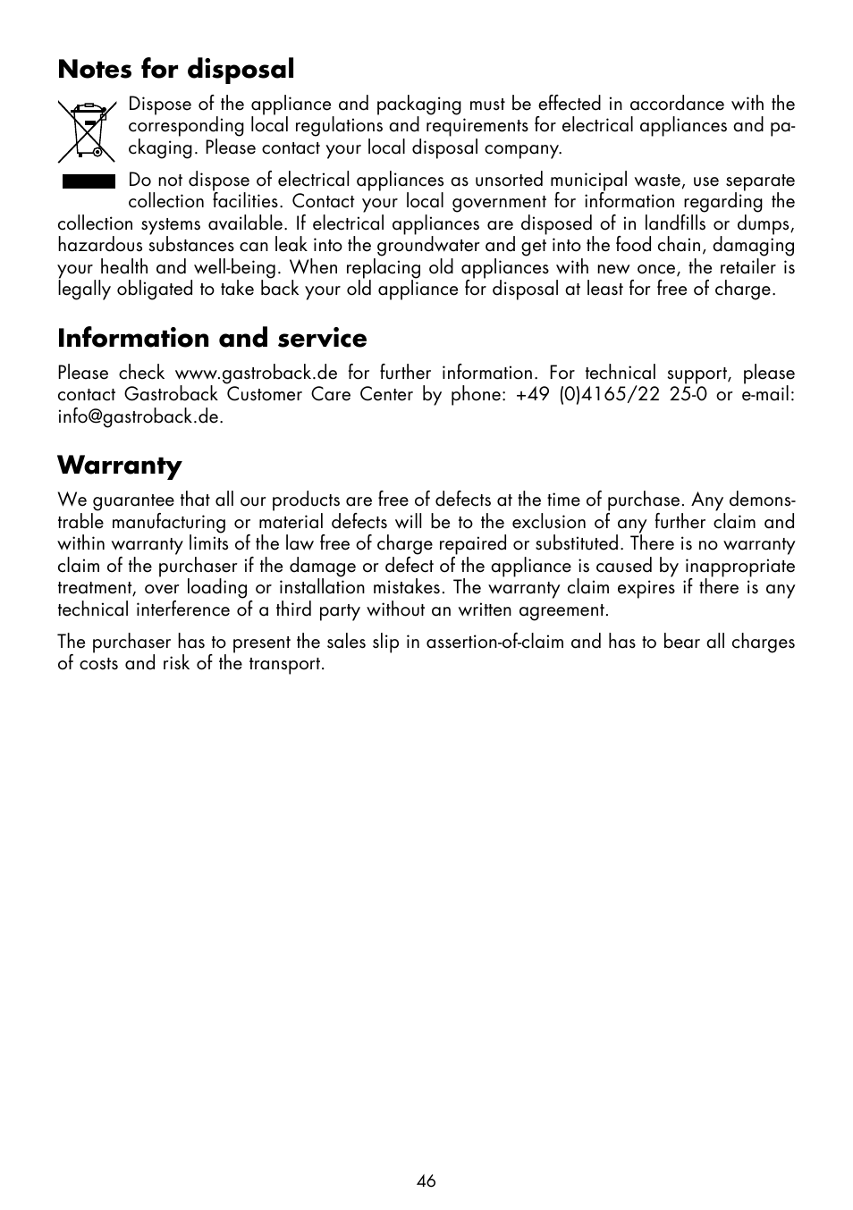 Information and service, Warranty | Gastroback 41403 Design Mincer Plus User Manual | Page 22 / 24