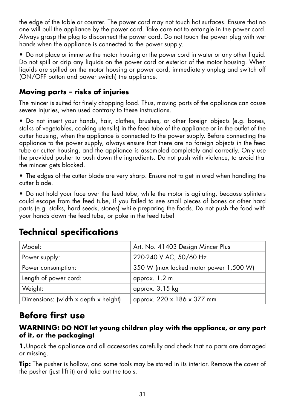 Technical specifications, Before first use | Gastroback 41403 Design Mincer Plus User Manual | Page 7 / 24