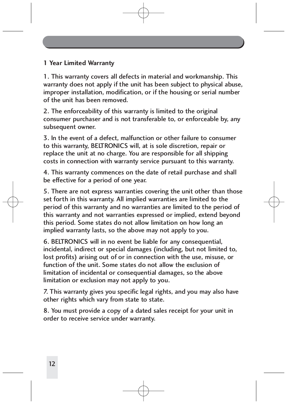 Consumer warranty | Beltronics LP904 User Manual | Page 12 / 16