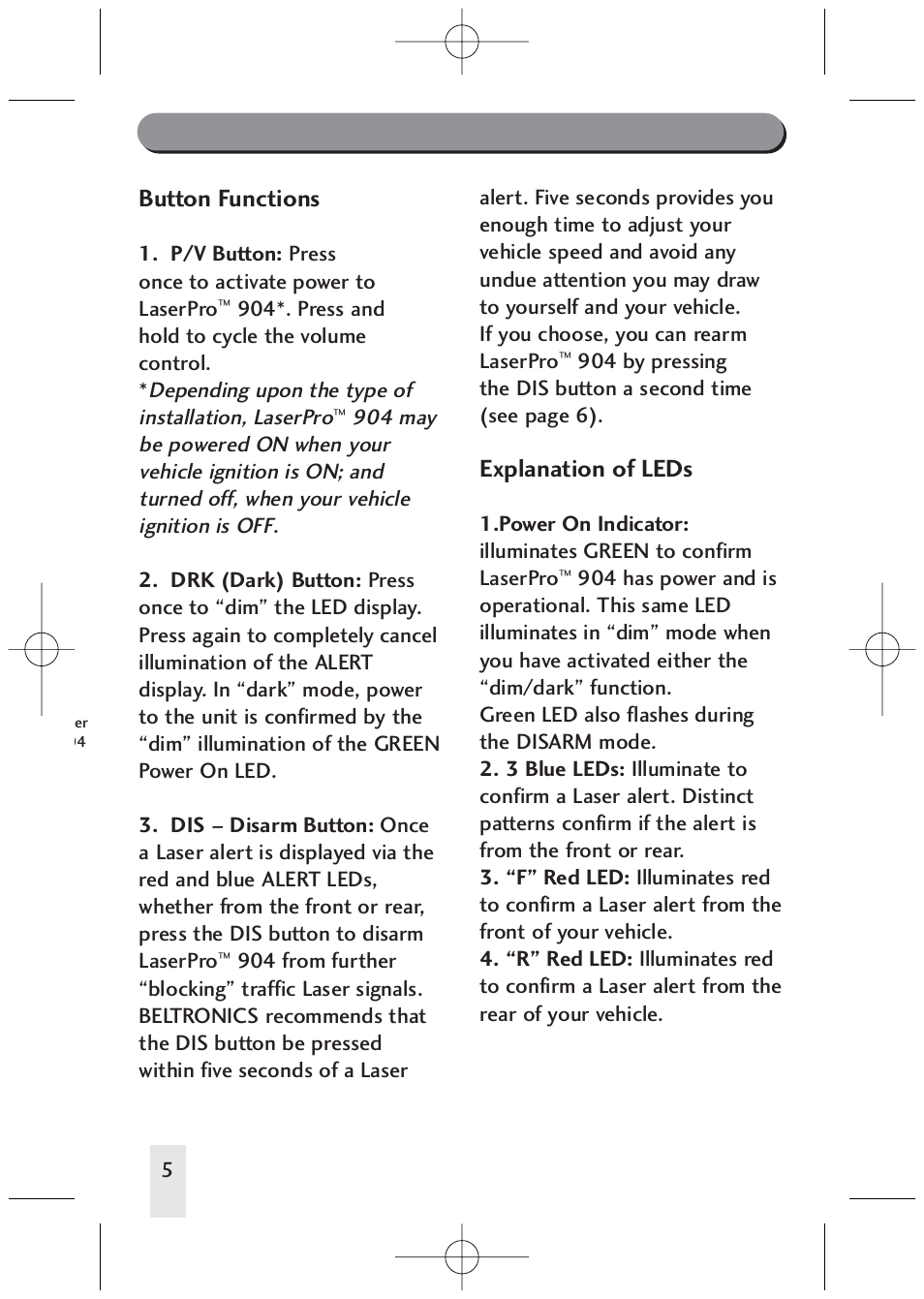 Button functions/explanation of leds, Button functions, Explanation of leds | Beltronics LP904 User Manual | Page 5 / 16