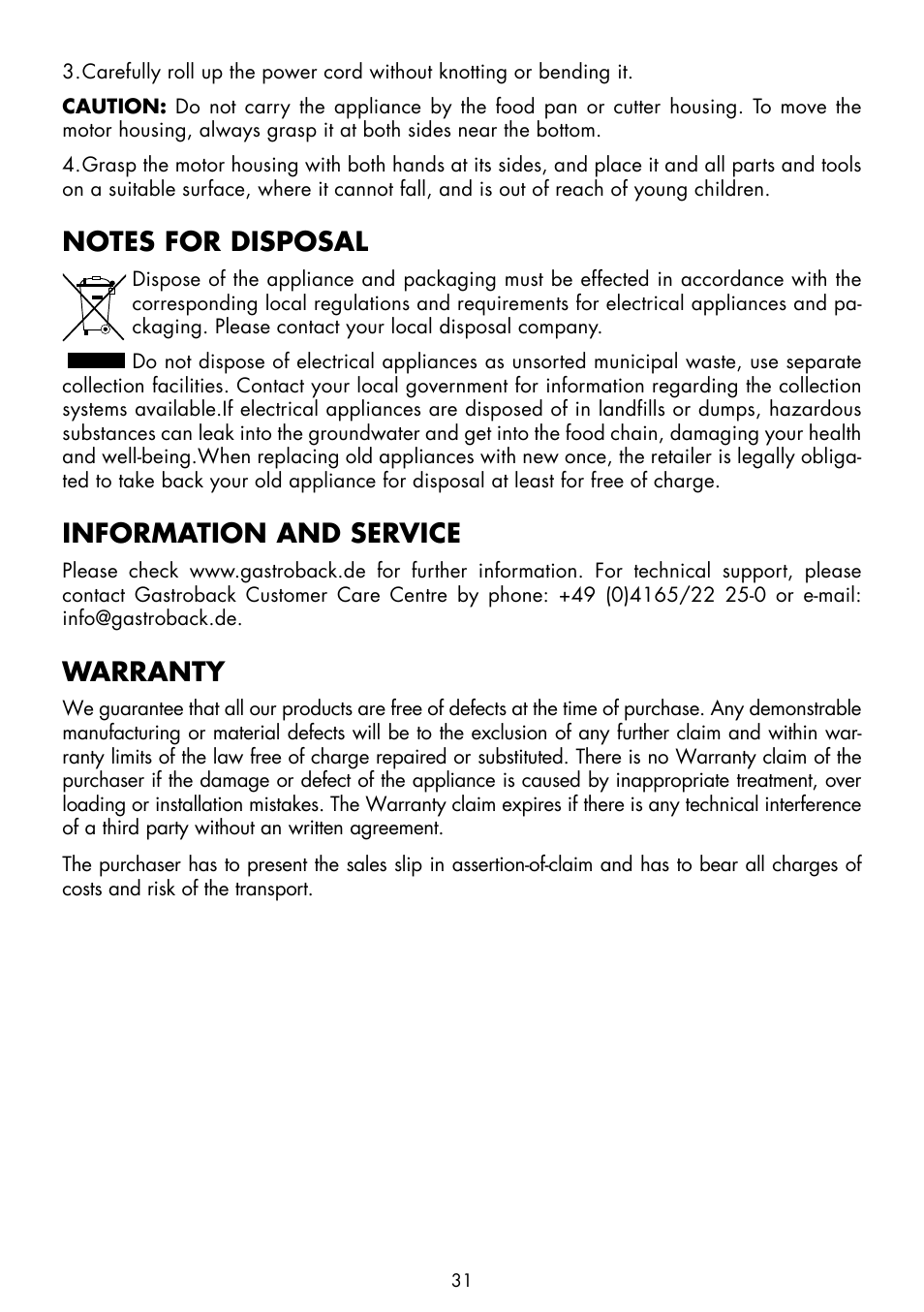 Information and service, Warranty | Gastroback 41402 Mincer Pro User Manual | Page 15 / 16