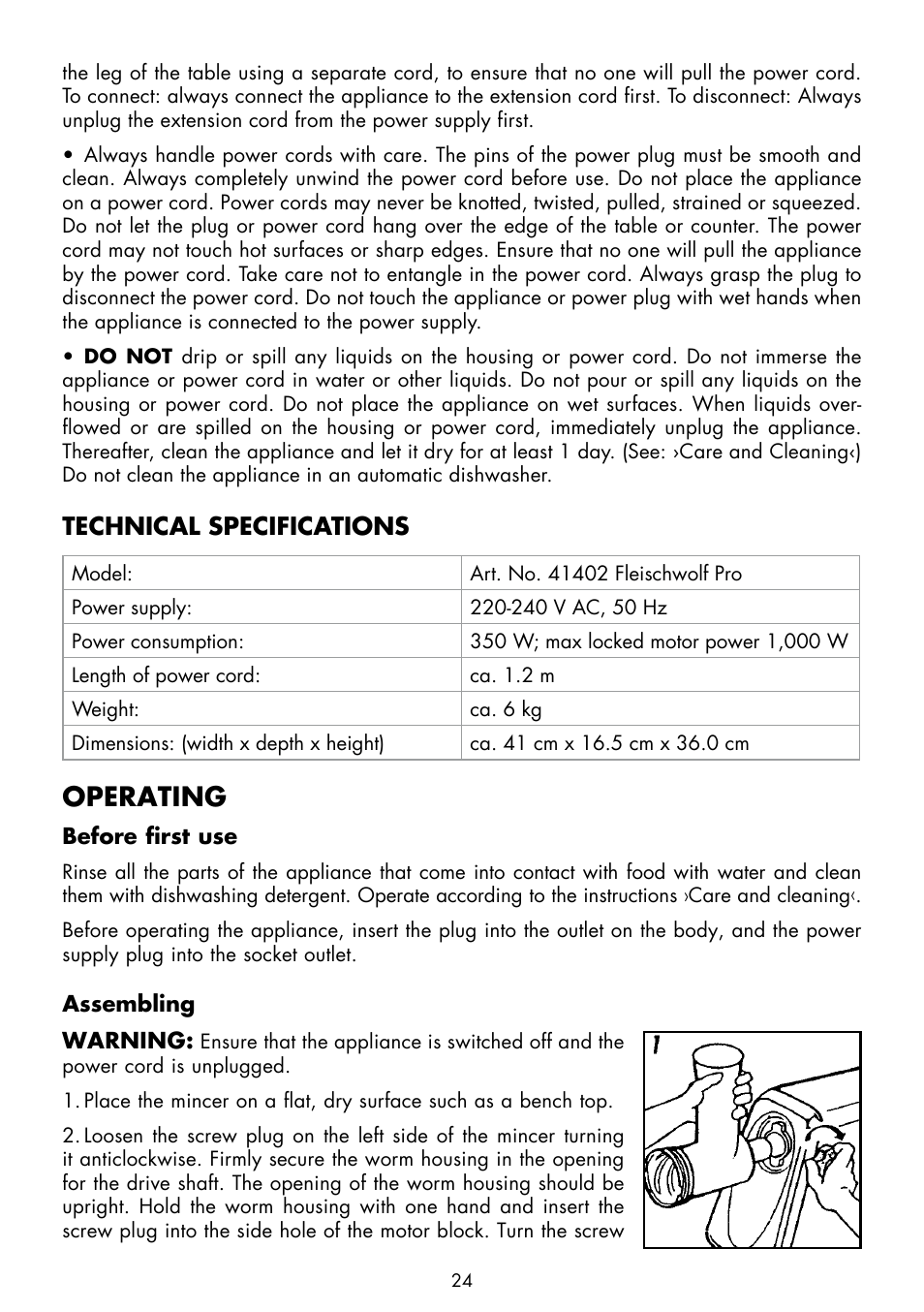 Operating, Technical specifications | Gastroback 41402 Mincer Pro User Manual | Page 8 / 16