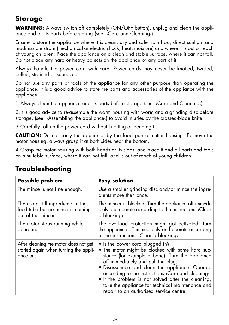 Storage, Troubleshooting | Gastroback 41400 Design Mincer User Manual | Page 13 / 15