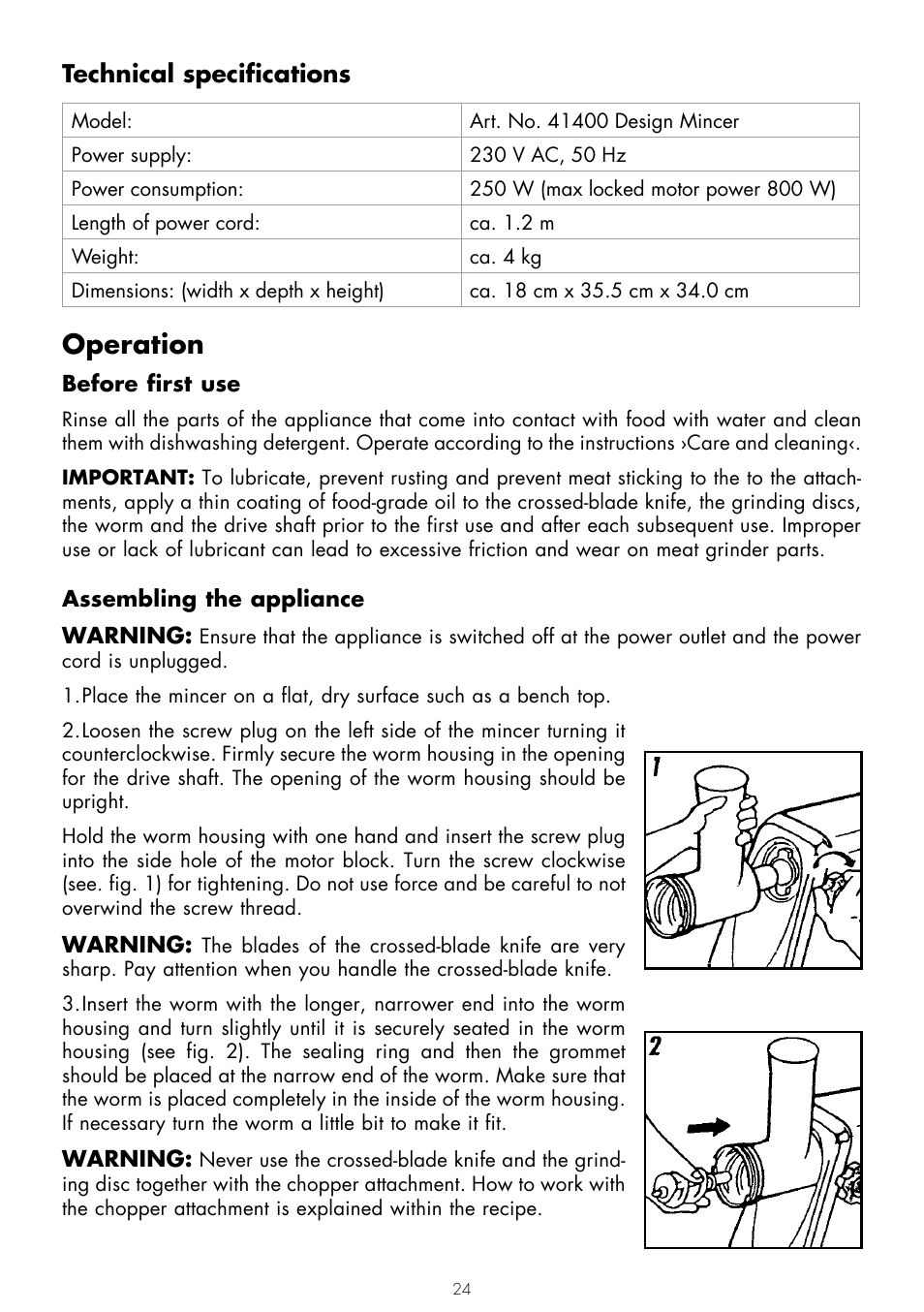 Operation, Technical specifications | Gastroback 41400 Design Mincer User Manual | Page 8 / 15