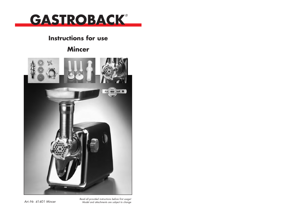 Gastroback 41401 Mincer User Manual | 8 pages