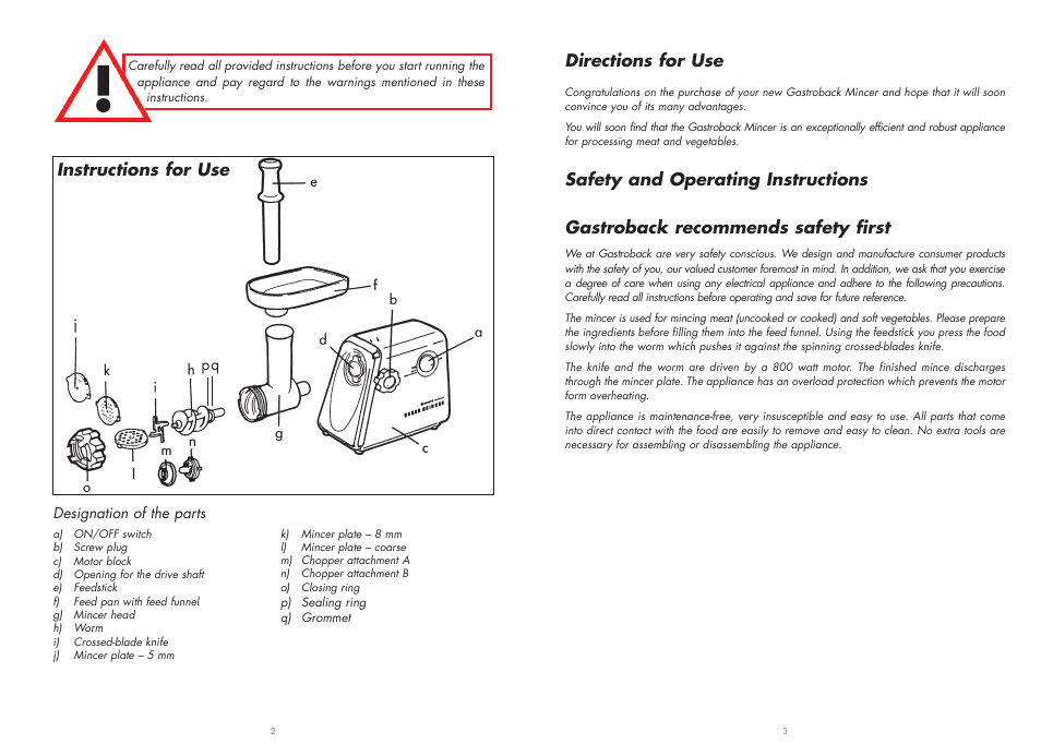 Gastroback 41401 Mincer User Manual | Page 2 / 8