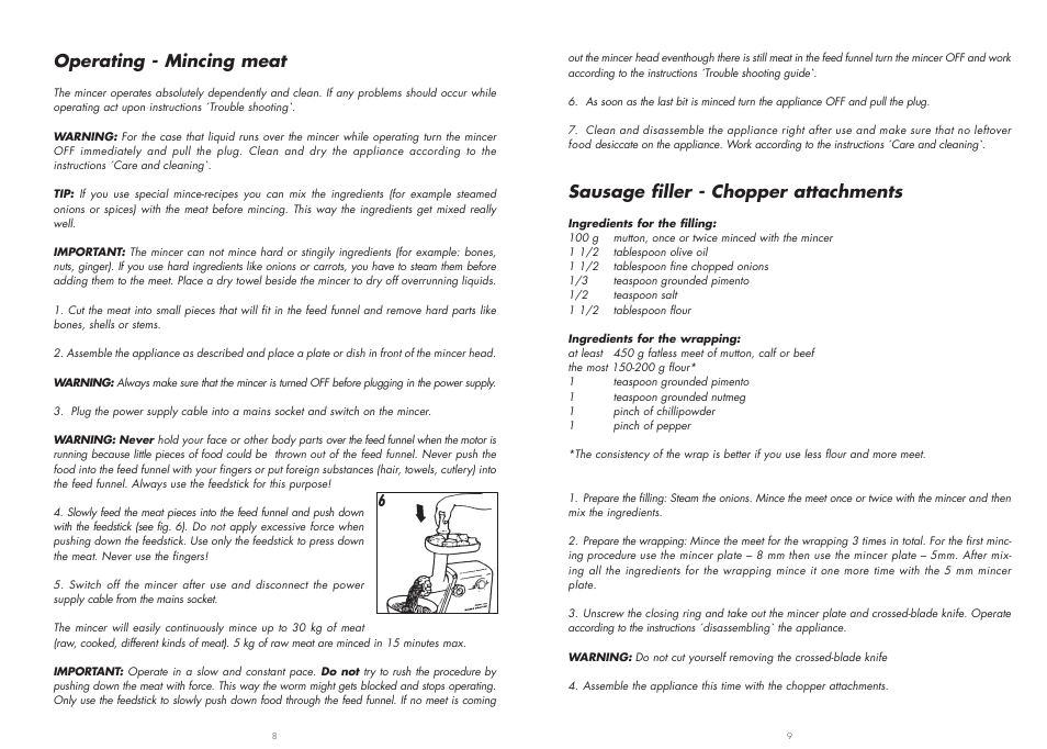 Operating - mincing meat, Sausage filler - chopper attachments | Gastroback 41401 Mincer User Manual | Page 5 / 8