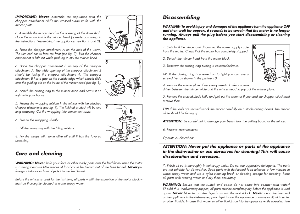 Disassembling, Care and cleaning | Gastroback 41401 Mincer User Manual | Page 6 / 8