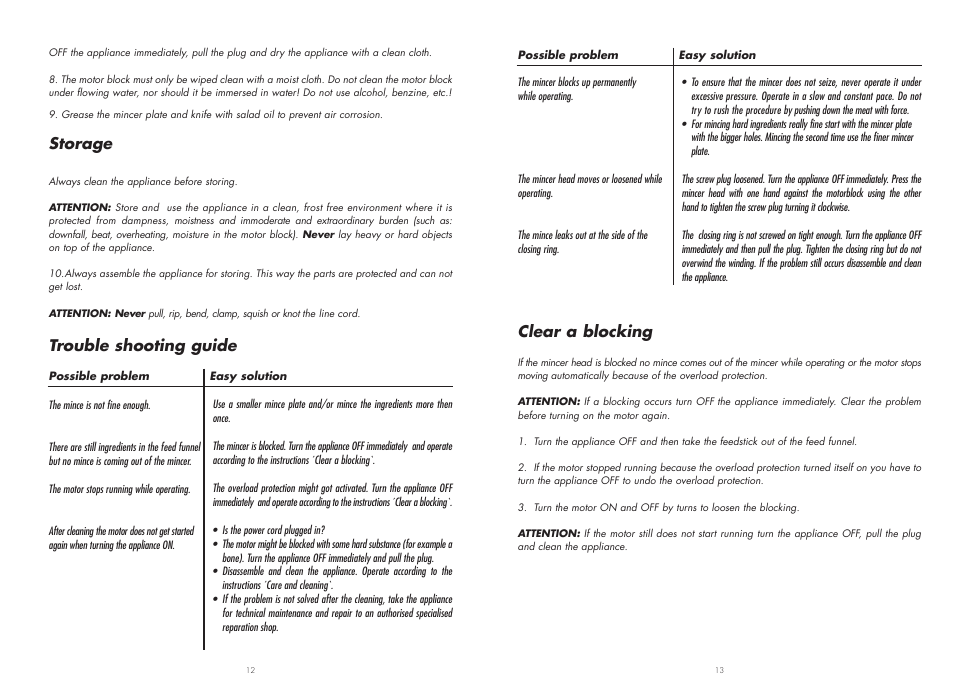 Clear a blocking, Storage, Trouble shooting guide | Gastroback 41401 Mincer User Manual | Page 7 / 8