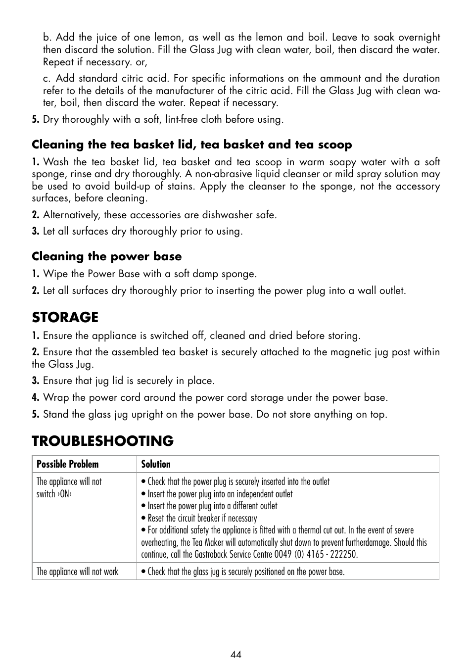 Storage, Troubleshooting | Gastroback 42439 Gourmet Tea Advanced Automatic User Manual | Page 20 / 23