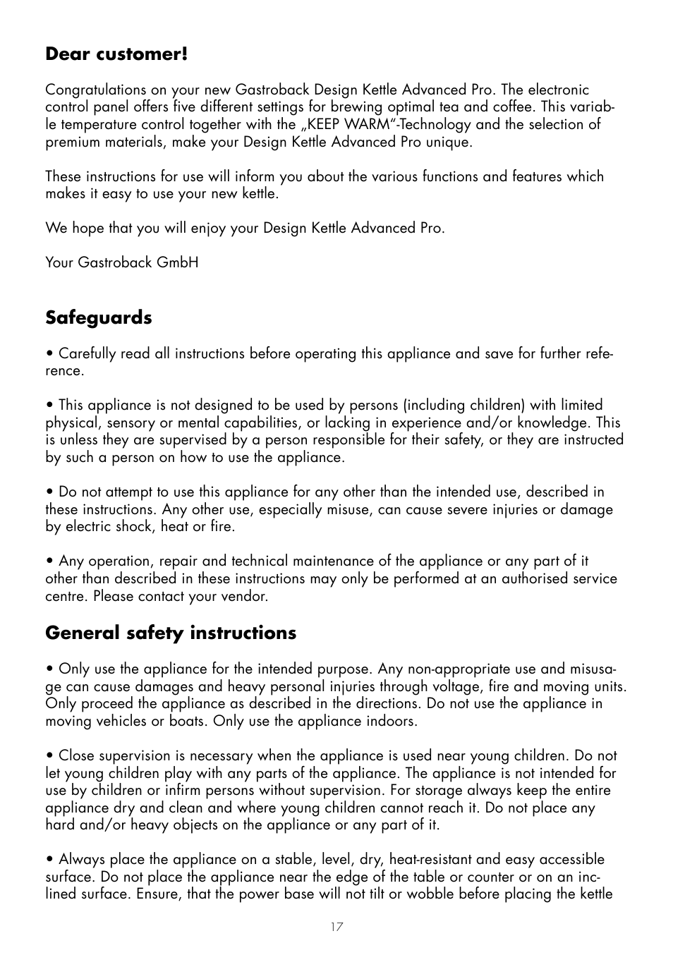 Dear customer, Safeguards, General safety instructions | Gastroback 42429 Design Kettle Advanced Pro User Manual | Page 3 / 14