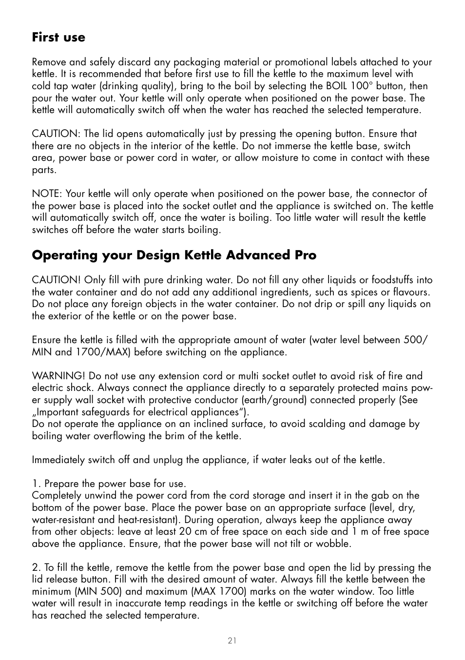 First use, Operating your design kettle advanced pro | Gastroback 42429 Design Kettle Advanced Pro User Manual | Page 7 / 14