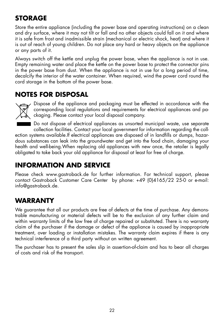 Storage, Information and service, Warranty | Gastroback 42428 Design Kettle Pro User Manual | Page 10 / 10