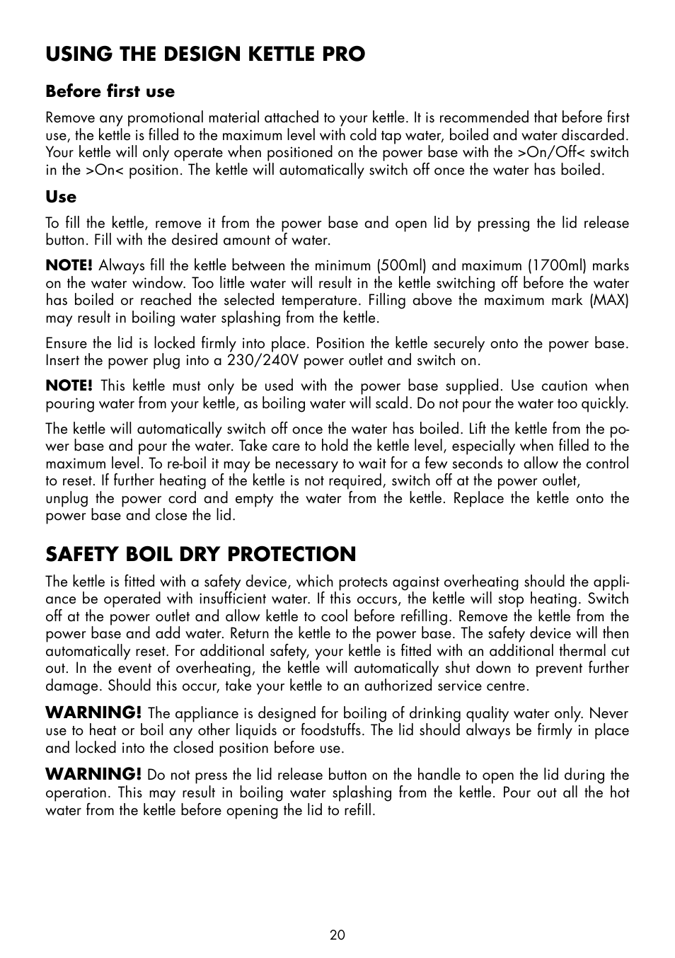 Using the design kettle pro, Safety boil dry protection | Gastroback 42428 Design Kettle Pro User Manual | Page 8 / 10