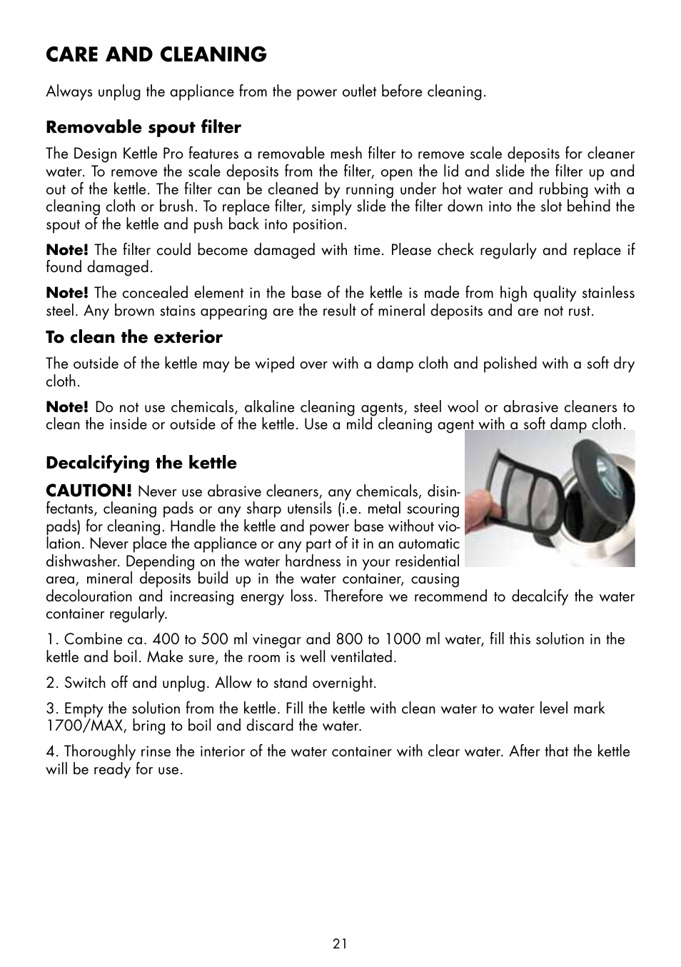 Care and cleaning | Gastroback 42428 Design Kettle Pro User Manual | Page 9 / 10
