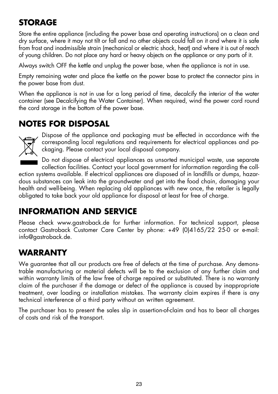 Storage, Information and service, Warranty | Gastroback 42413 Design Kettle Advanced User Manual | Page 11 / 11
