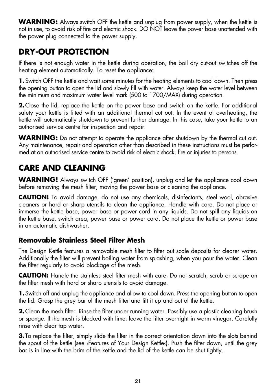 Dry-out protection, Care and cleaning | Gastroback 42413 Design Kettle Advanced User Manual | Page 9 / 11