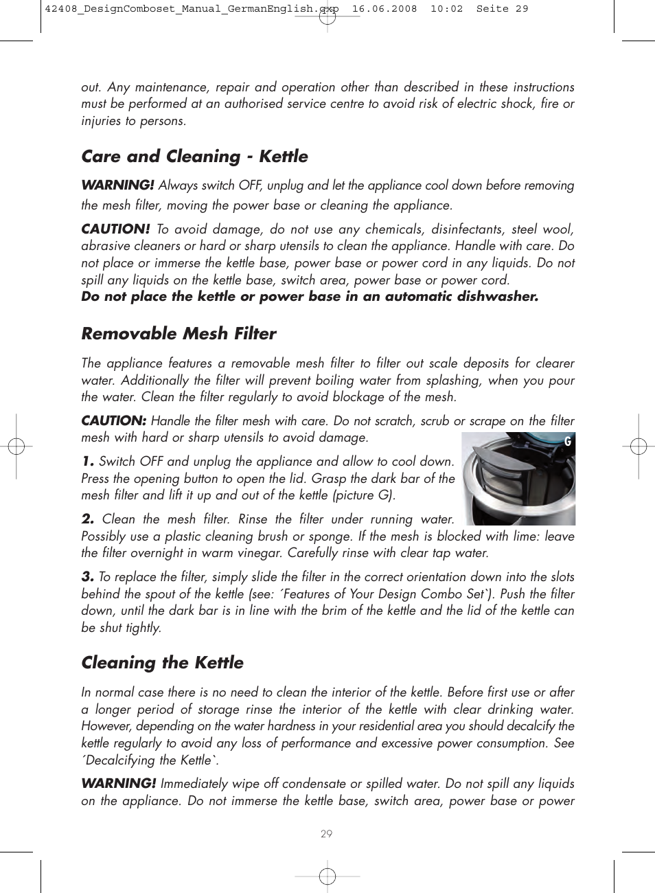 Care and cleaning - kettle, Removable mesh filter, Cleaning the kettle | Gastroback 42408 Design Combo Set User Manual | Page 11 / 18