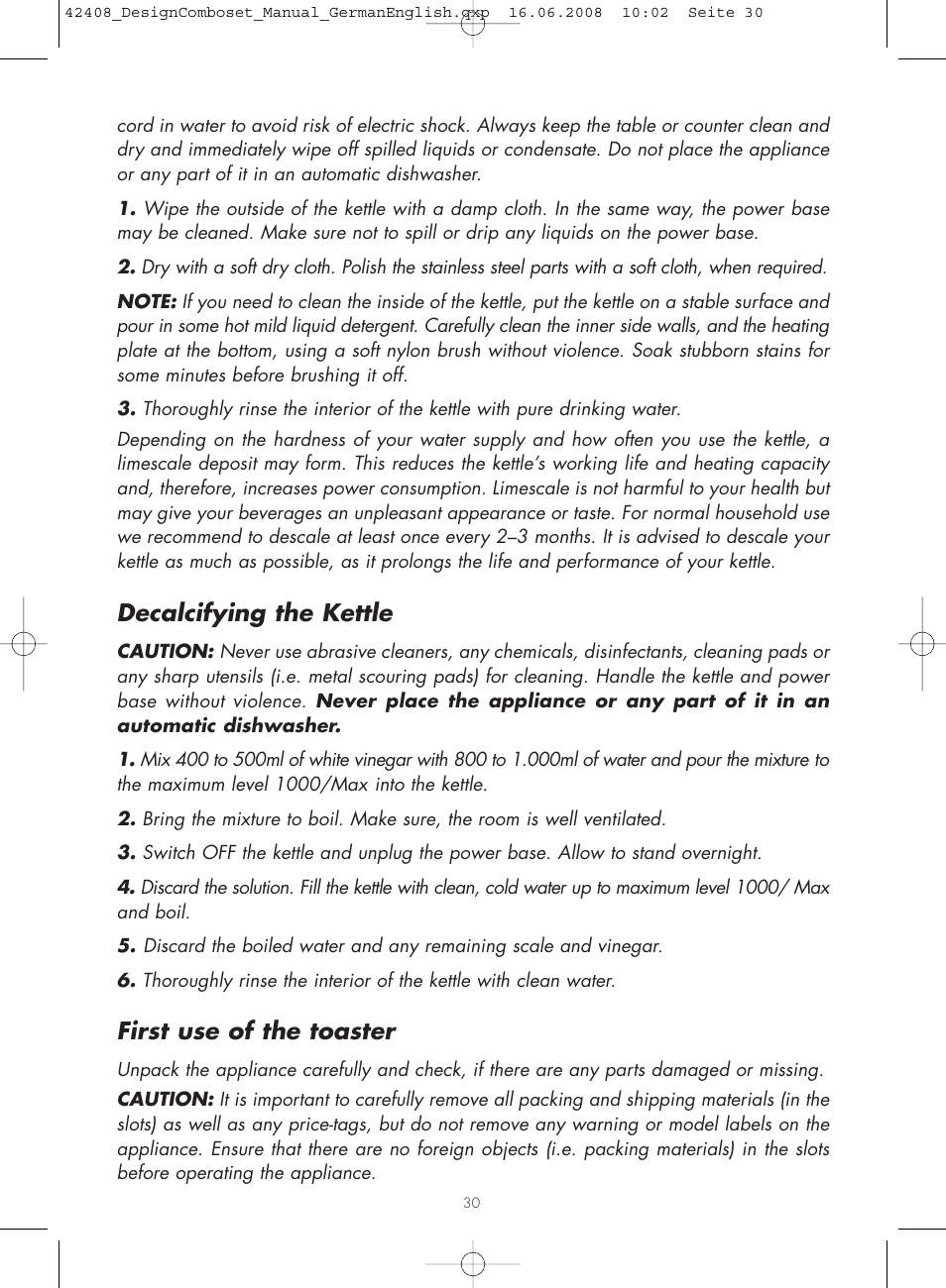 Decalcifying the kettle, First use of the toaster | Gastroback 42408 Design Combo Set User Manual | Page 12 / 18