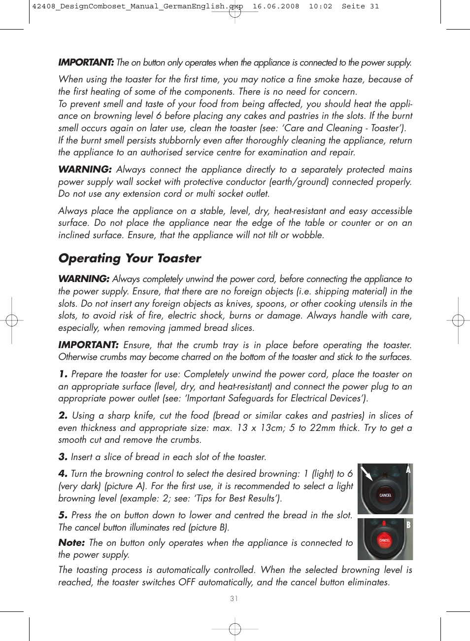 Operating your toaster | Gastroback 42408 Design Combo Set User Manual | Page 13 / 18