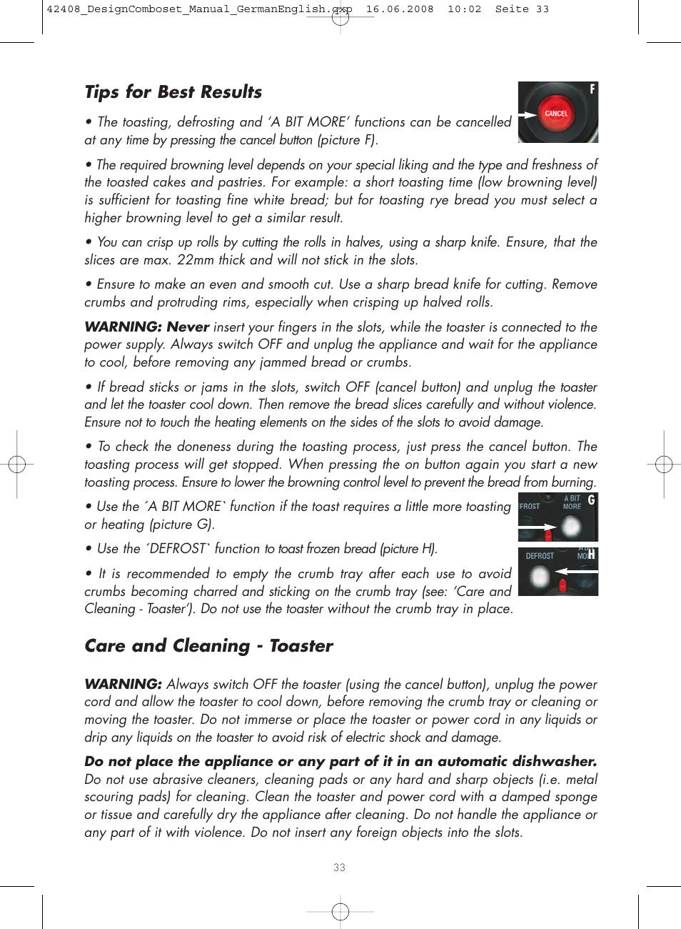 Tips for best results, Care and cleaning - toaster | Gastroback 42408 Design Combo Set User Manual | Page 15 / 18