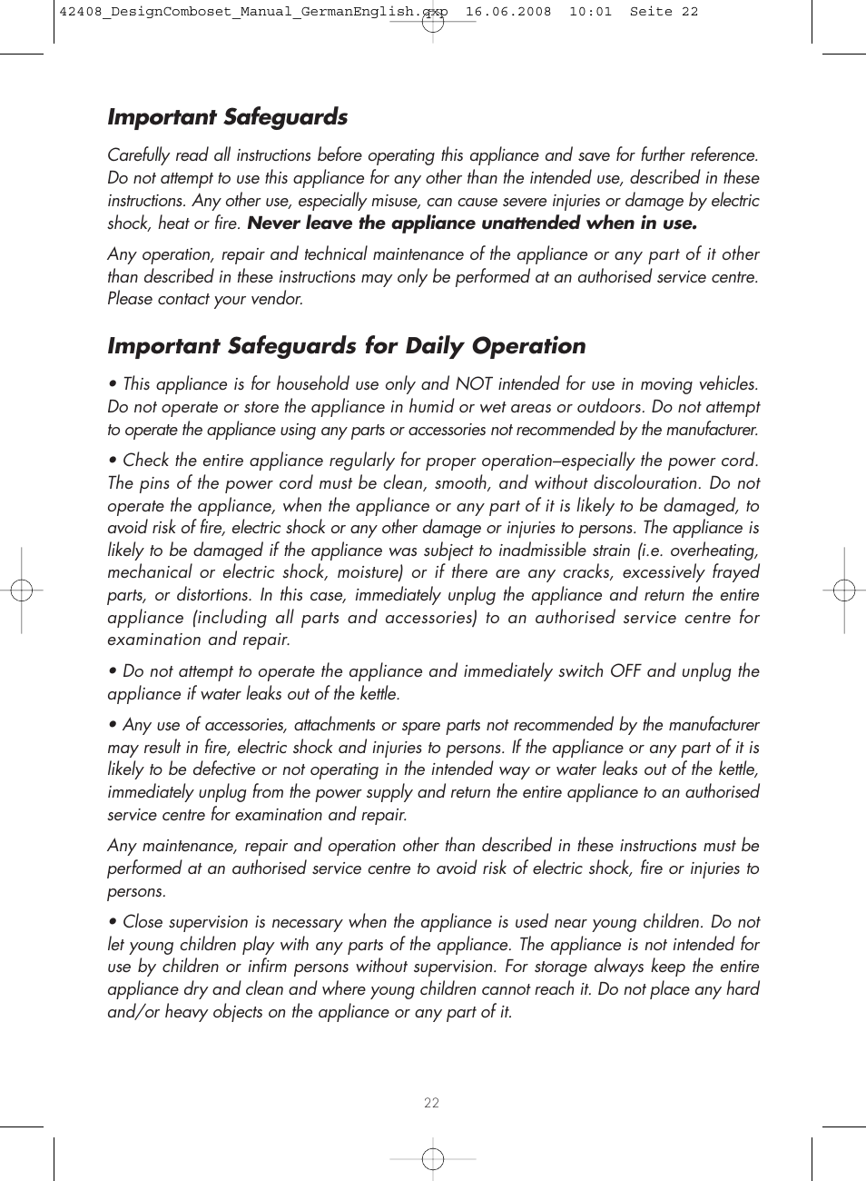 Important safeguards, Important safeguards for daily operation | Gastroback 42408 Design Combo Set User Manual | Page 4 / 18