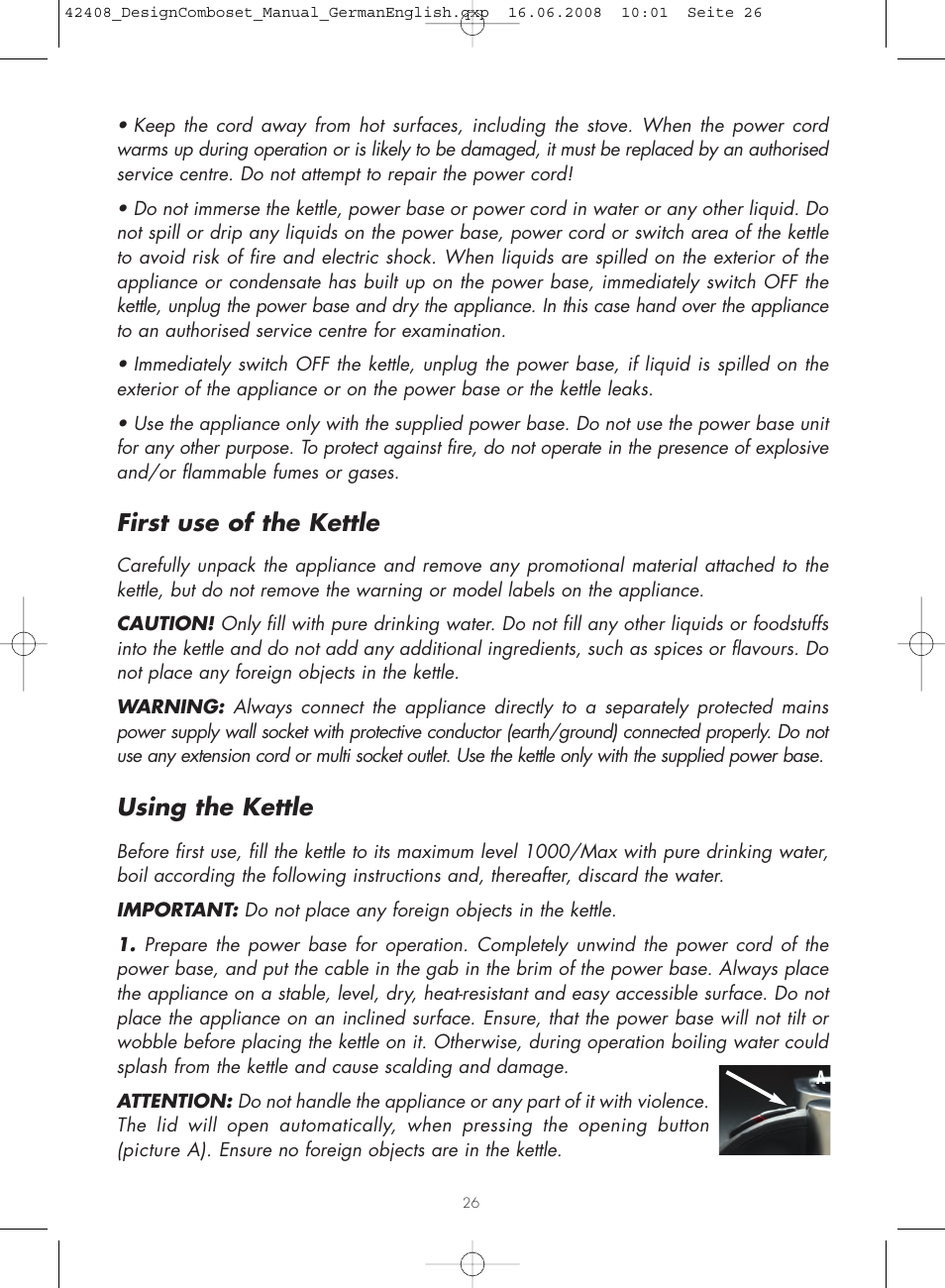 First use of the kettle, Using the kettle | Gastroback 42408 Design Combo Set User Manual | Page 8 / 18