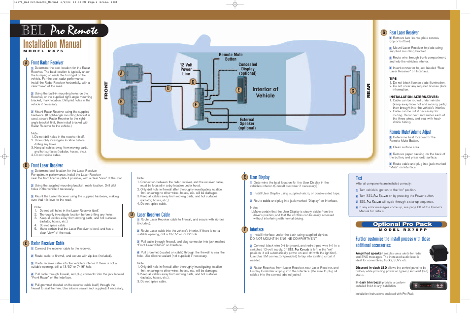 Installation manual, Laser receiver cable, Front radar receiver | Front laser receiver, Radar receiver cable, User display, Interface, Rear laser receiver, Remote mute/volume adjust, Test | Beltronics RX 75 User Manual | Page 2 / 2