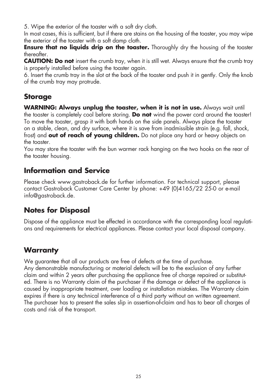 Storage, Information and service, Warranty | Gastroback 42401 Design Toaster Basic User Manual | Page 11 / 13