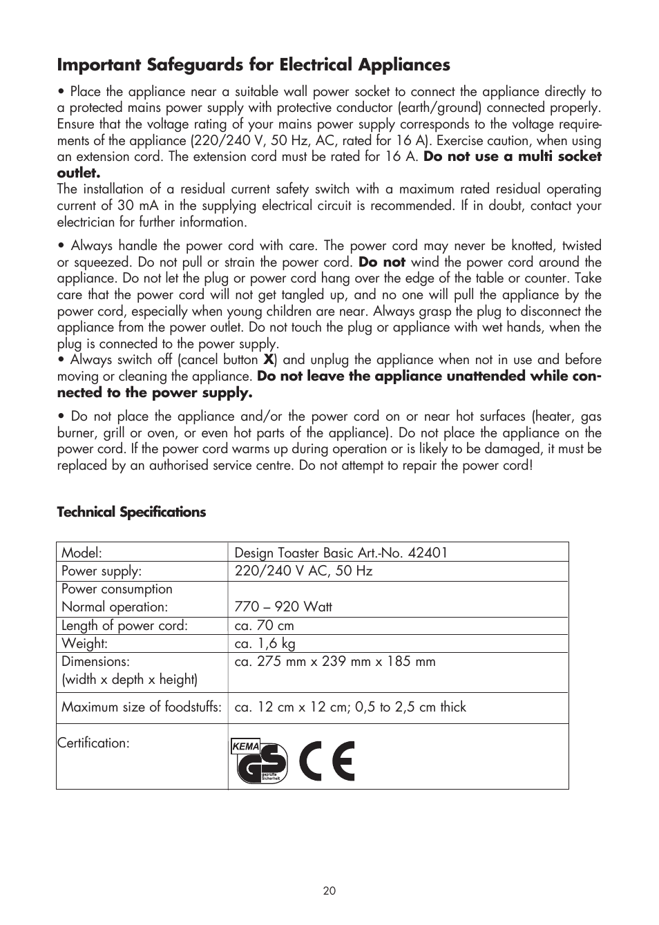 Important safeguards for electrical appliances | Gastroback 42401 Design Toaster Basic User Manual | Page 6 / 13