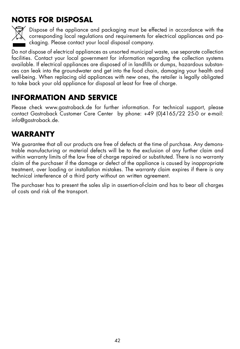 Information and service, Warranty | Gastroback 46008 Design Vakuum Sealer Plus User Manual | Page 20 / 22