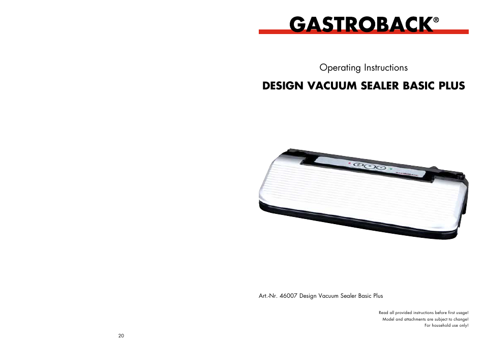 Gastroback 46007 Design Vacuum Sealer Plus User Manual | 11 pages