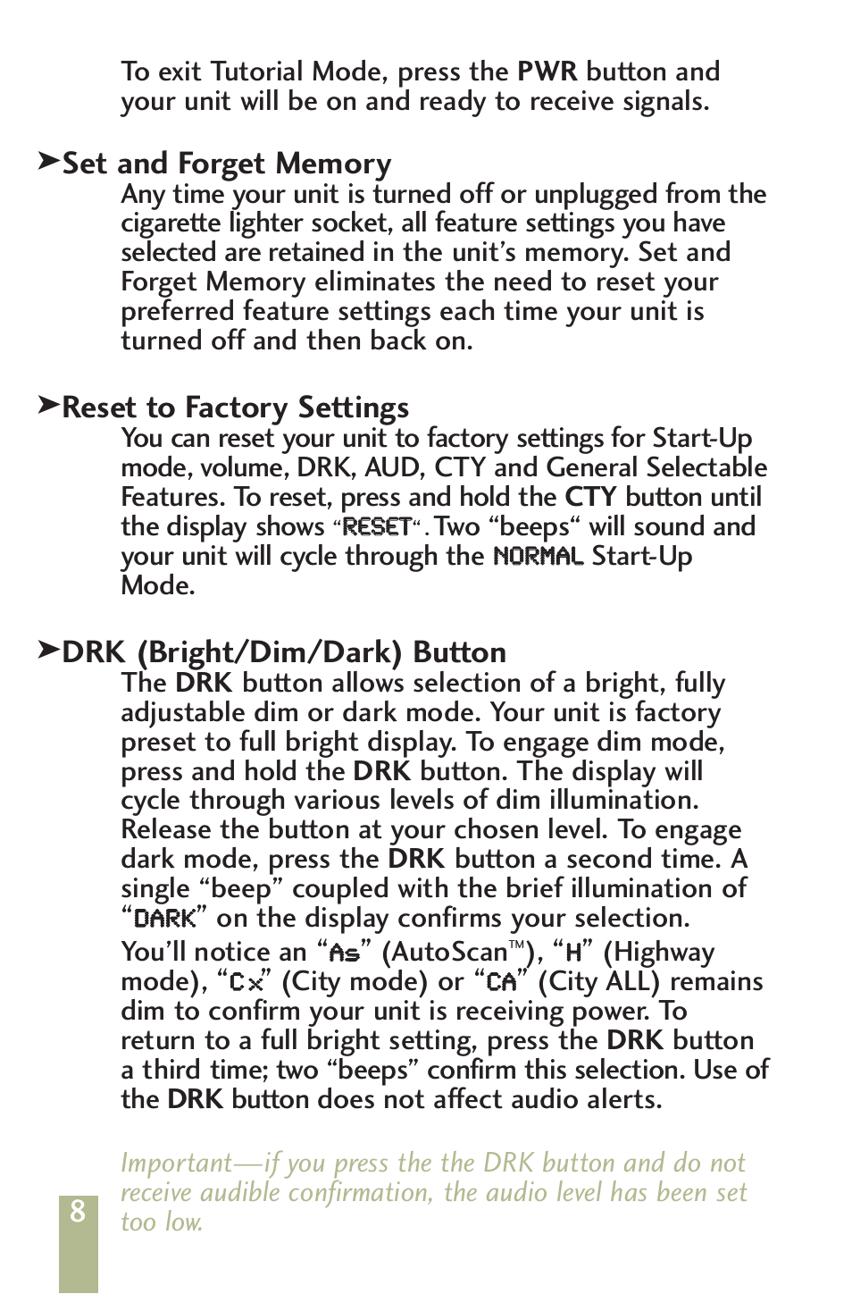 Reset to factory settings, Drk (bright/dim/dark) button | Beltronics V960/V940 User Manual | Page 10 / 32