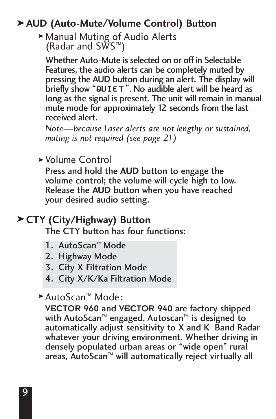 Volume control, Cty (city/highway) button, Autoscan | Mode | Beltronics V960/V940 User Manual | Page 11 / 32
