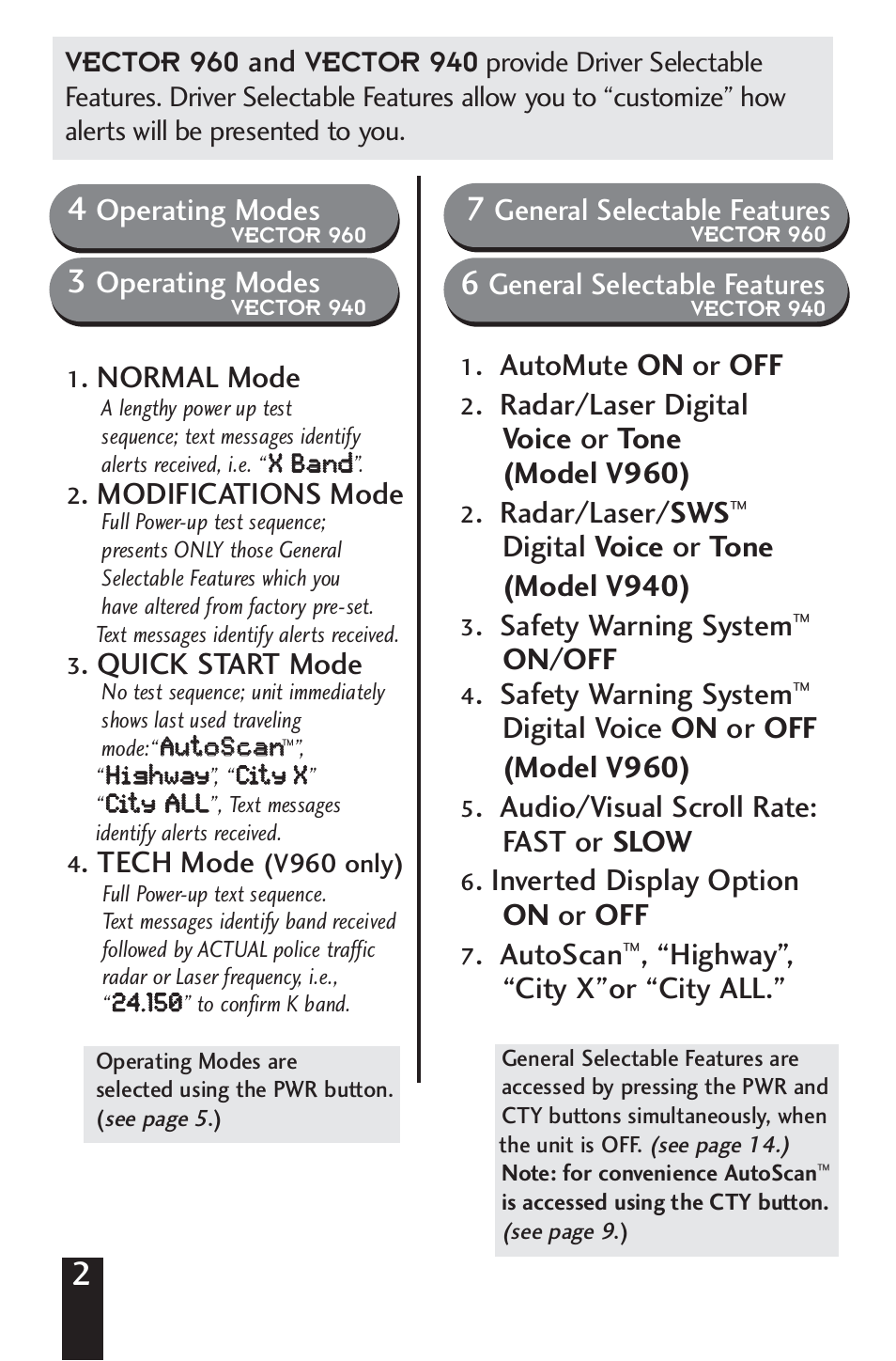 Operating modes, Normal mode, Modifications mode | Quick start mode, Tech mode, General selectable features, Automute on or off, Radar/laser digital voice or tone (model v960), Radar/laser/ sws, Digital voice or tone (model v940) | Beltronics V960/V940 User Manual | Page 4 / 32