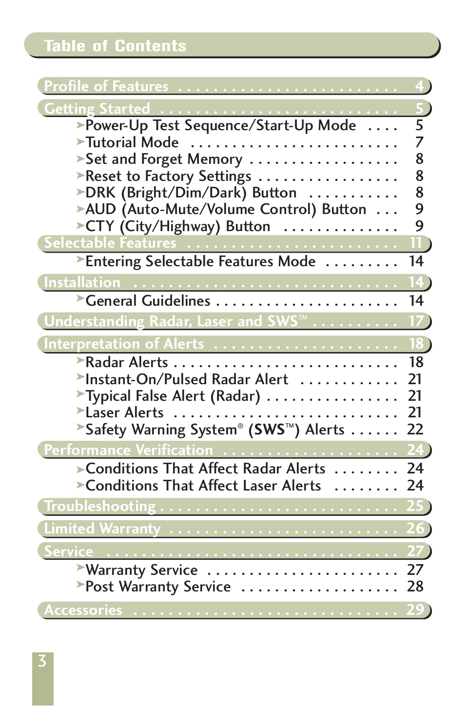 Power-up test sequence/start-up mode, Tutorial mode, Reset to factory settings | Drk (bright/dim/dark) button, Aud (auto-mute/volume control) button, Cty (city/highway) button selectable features, Entering selectable features mode installation, Interpretation of alerts, Radar alerts, Instant-on/pulsed radar alert | Beltronics V960/V940 User Manual | Page 5 / 32