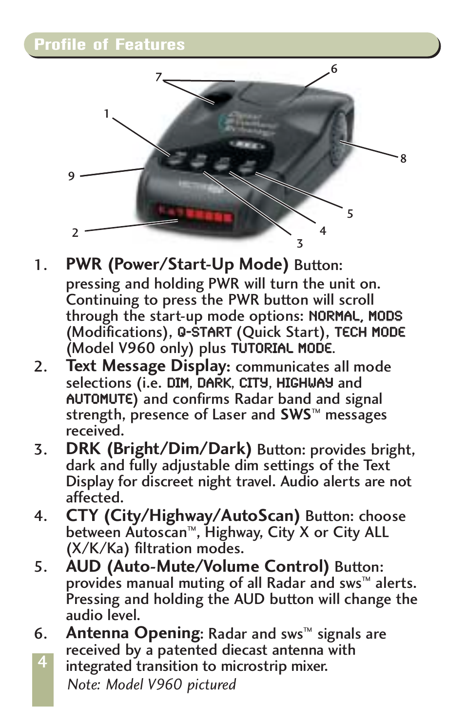 Pwr (power/start-up mode), Text message display, Drk (bright/dim/dark) | Cty (city/highway/autoscan), Aud (auto-mute/volume control), Antenna opening | Beltronics V960/V940 User Manual | Page 6 / 32