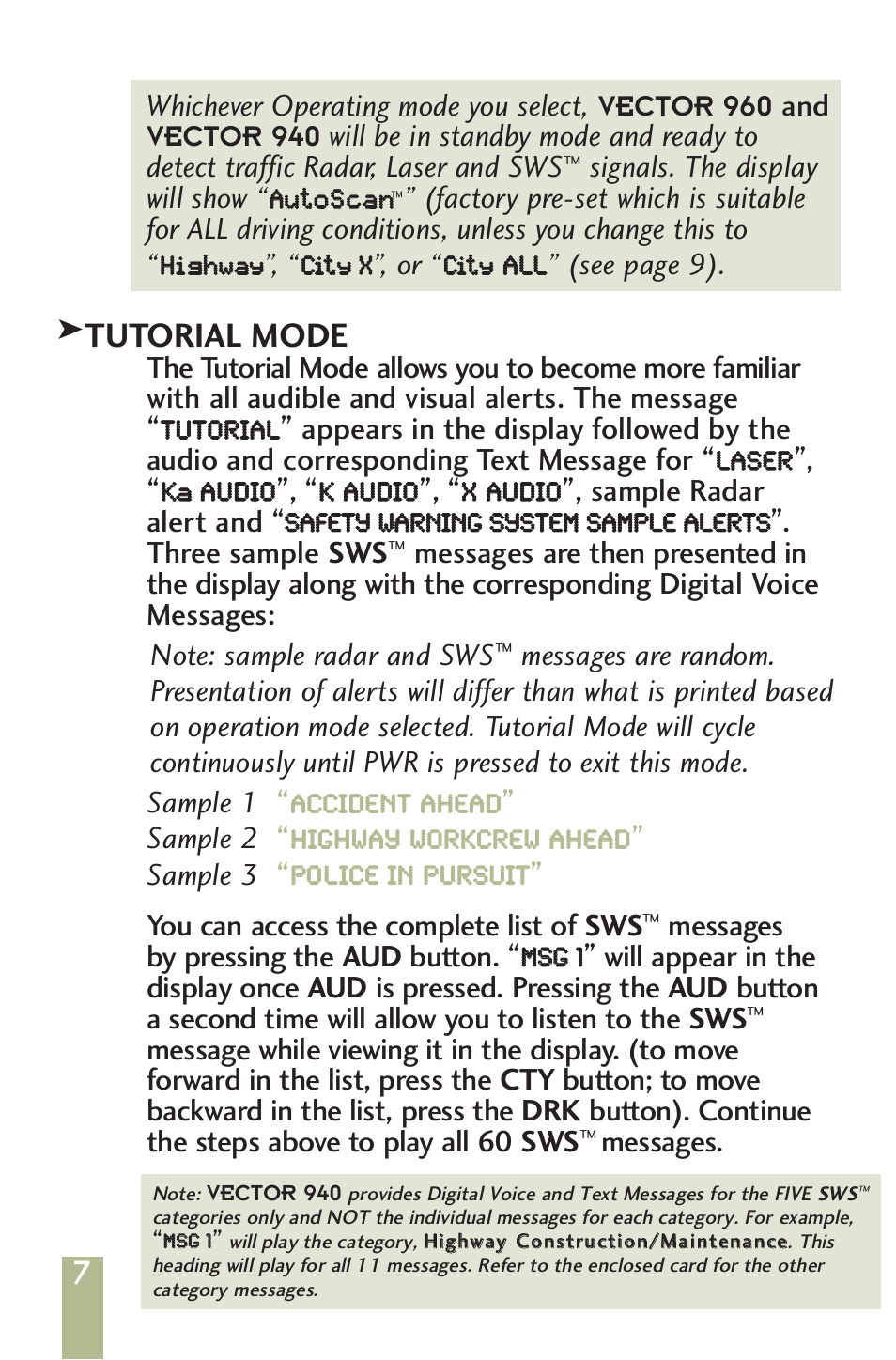 Tutorial mode | Beltronics V960/V940 User Manual | Page 9 / 32