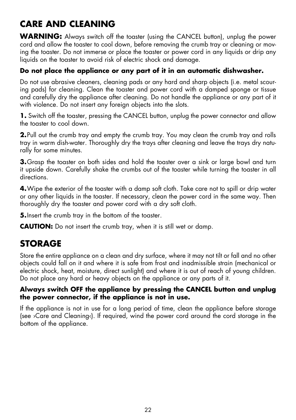 Care and cleaning, Storage | Gastroback 42404 Design Toaster Advanced User Manual | Page 10 / 12