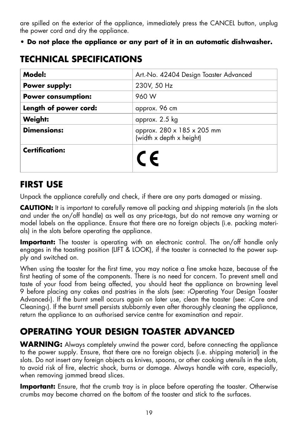 Technical specifications, First use, Operating your design toaster advanced | Gastroback 42404 Design Toaster Advanced User Manual | Page 7 / 12