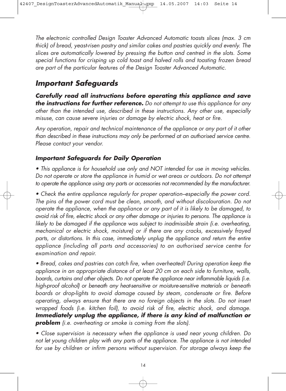 Important safeguards | Gastroback 42407 Design Toaster Advanced User Manual | Page 2 / 12