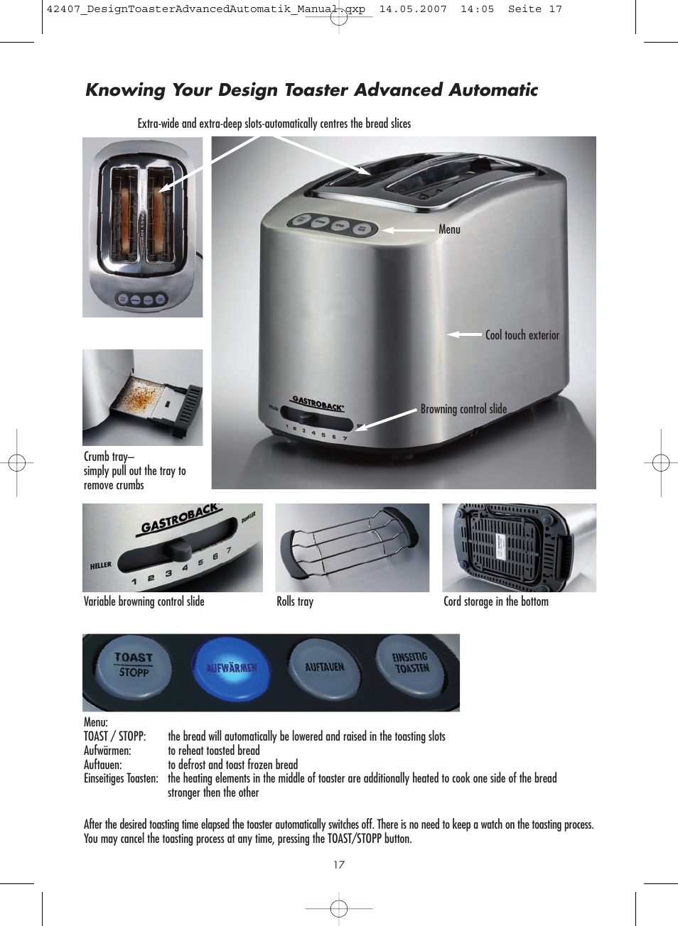 Knowing your design toaster advanced automatic | Gastroback 42407 Design Toaster Advanced User Manual | Page 5 / 12